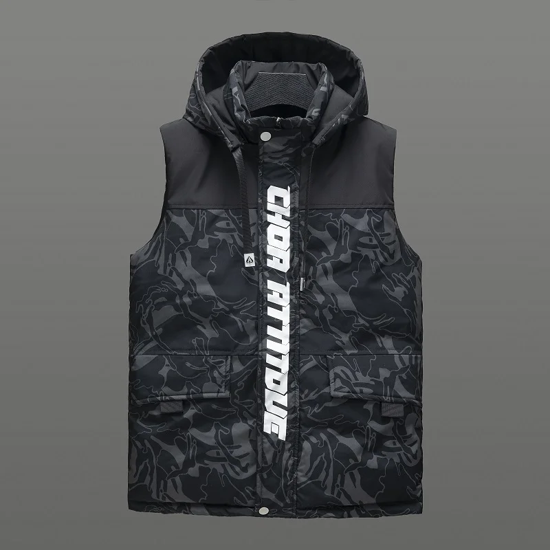 Camouflage Patchwork Hooded Puffer Jacket for Mens Winter Fashion Trends Sleeveless Streetwear Teenage Loose Fit Warm Thick Vest