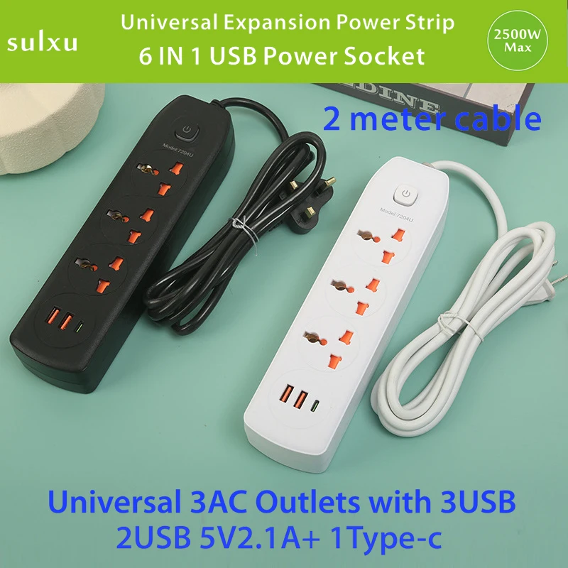 

3AC Universal power socket Low priced Multiple Outlet power board with USB charging hot selling 2m cable expansion power strip