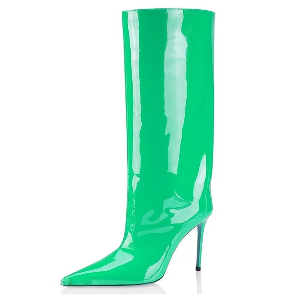 Lacquer Leather Women's Boots Slip--on Pointed Toe Stiletto Heels Mid-Calf Hot Selling Fashion Modern High Heel For Ladies New
