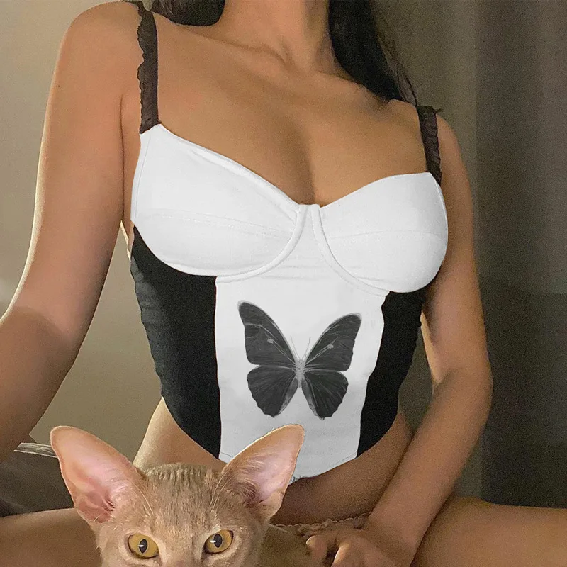 

Женский кружевной топ на бретельках, с принтом в виде кошки и бабочки