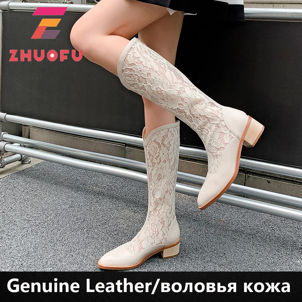 

ZHUOFU 2023 Fashion Womens Knee-High Boots Mesh Hollow Sandals Sexy Thick High Heels Comfortable Zipper Breathable Female Shoes
