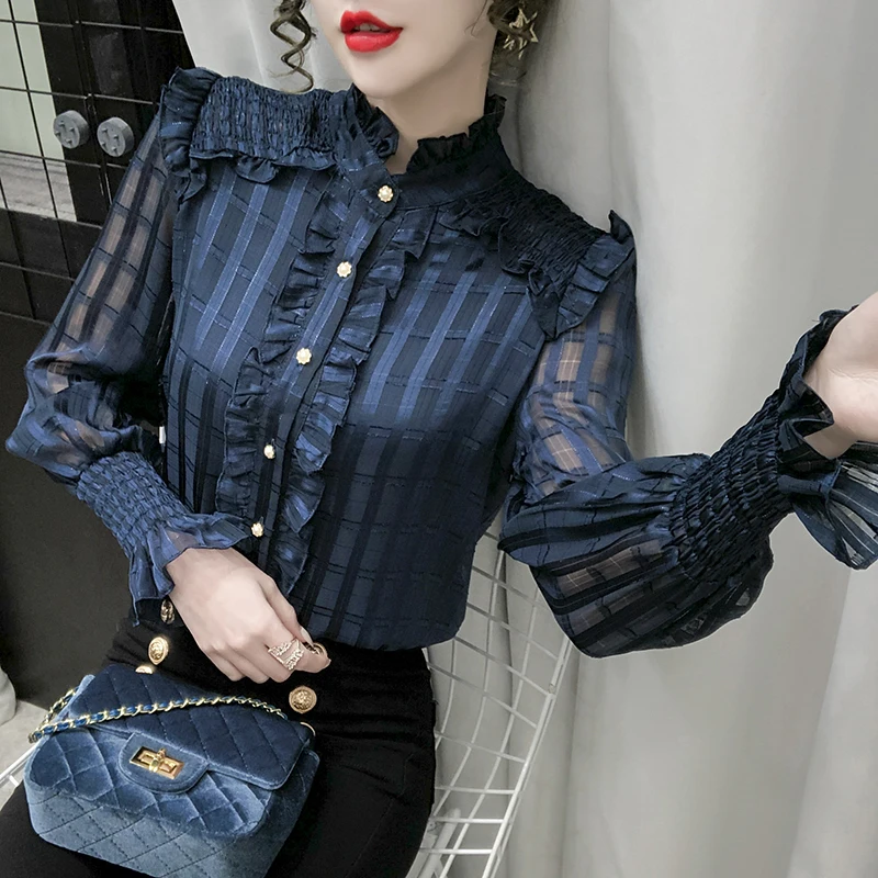 

Vintage Blouse Women Club Palace Shirt Elegant Butterfly Long Sleeve Lolita Party Beading Chiffon Ruffle Wedding Tops