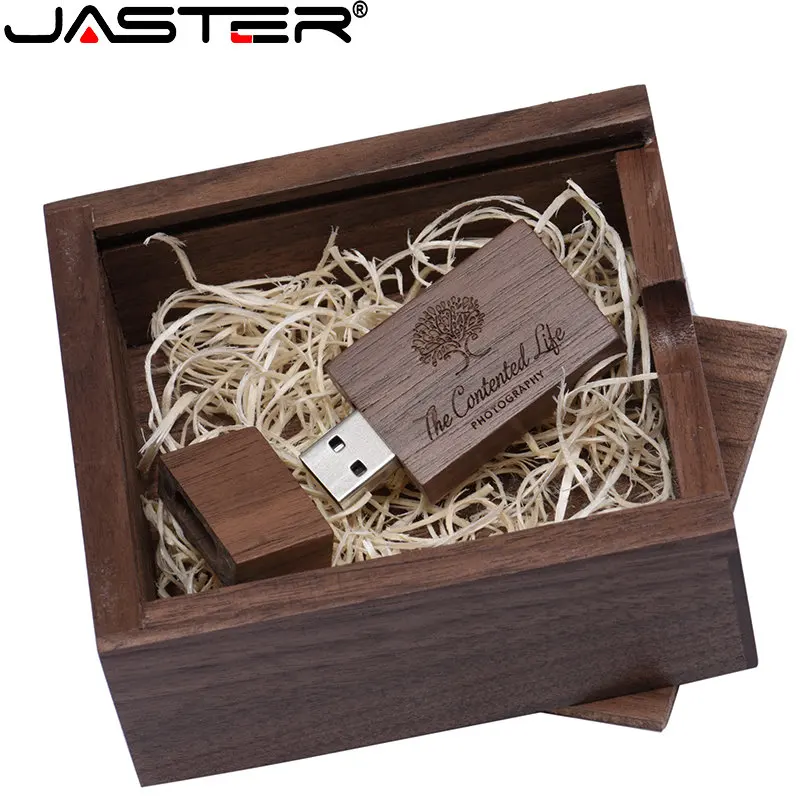 

JASTER Free logo Walnut wood USB 2.0 Flash Drives 128GB 64GB Pen drive Real capacity 32GB Wedding gift BOX Memory stick U disk