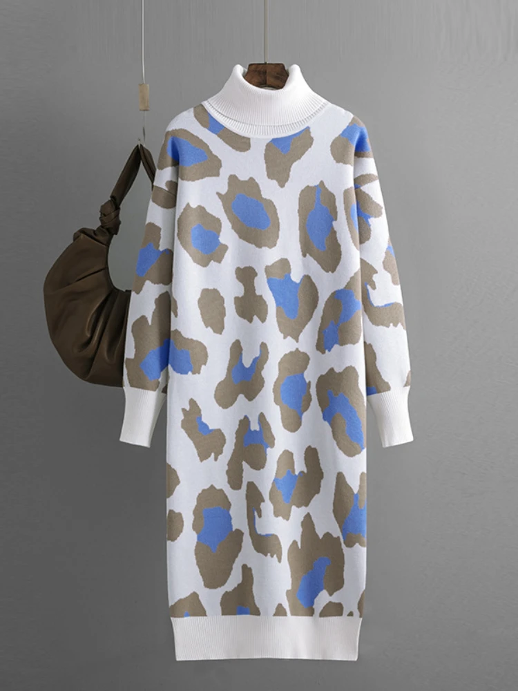 

Women Winter Sweater Oversized Turtleneck Leopard Printted Pullovers Thick Warm Knee-Length Loose Long Knitted Dress for Women