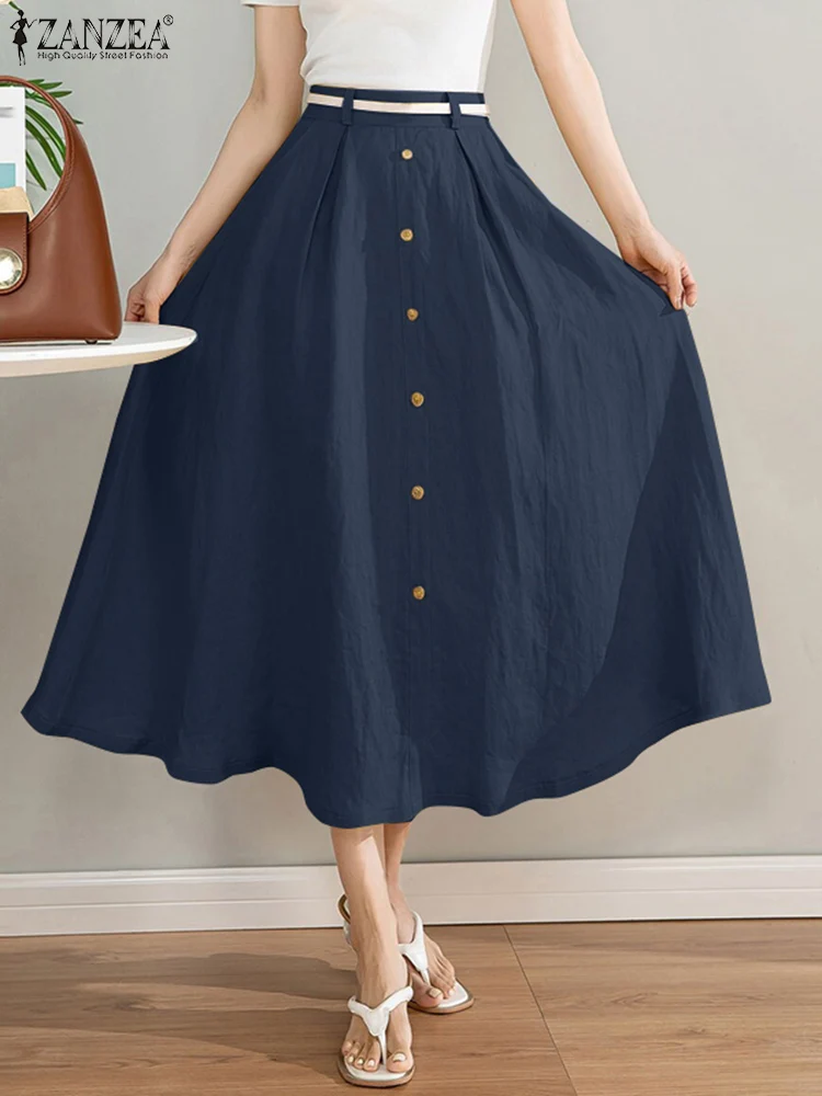 

ZANZEA Oversize Office Wear Midi Skirt Plain Elegant Long Jupe Loose Leisure Faldas Cotton High Waist Casual Women A-line Skirts