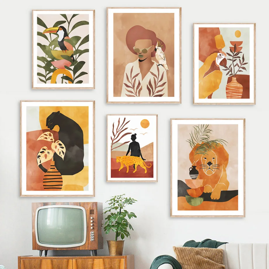 

Женский леопард и леопард, коричневые постеры и принты в стиле бохо, настенная живопись на холсте, настенные картины в скандинавском стиле д...