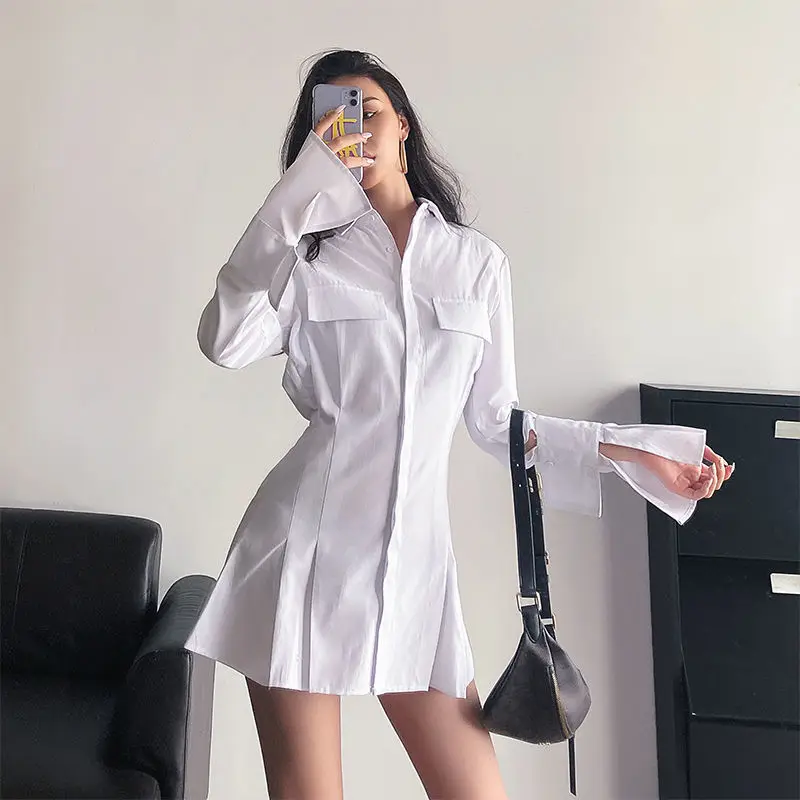 

HOUZHOU Casual Dress Shirt Women Elegant Turn-down Collar Long Sleeve High Waist Basic White Mini Dress Sexy Outfits for Woman