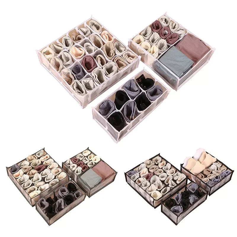 

2022Underwear Storage Box Women's Socks Wardrobe Drawer Bra Panties Thickened Compartment Storage Box Mesh Plaid 2021 New