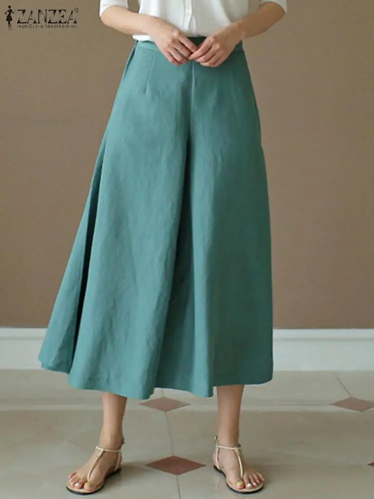 

ZANZEA Summer Cotton Trousers Casual Solid Baggy Pantalon Side Pockets Palazzo Streetwears 2022 Oversized Womens Wide Leg Pants