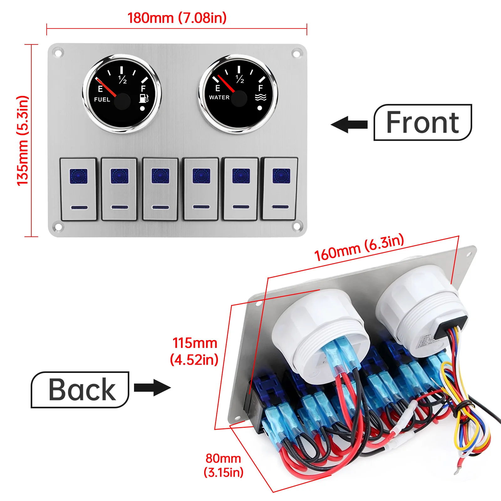 

6 Gang Switch Panel With Water Level Gauge+Fuel Level Guage 52mm Rocker Switch Panel For Truck Camper RV Yacht Marine Car 9-32V