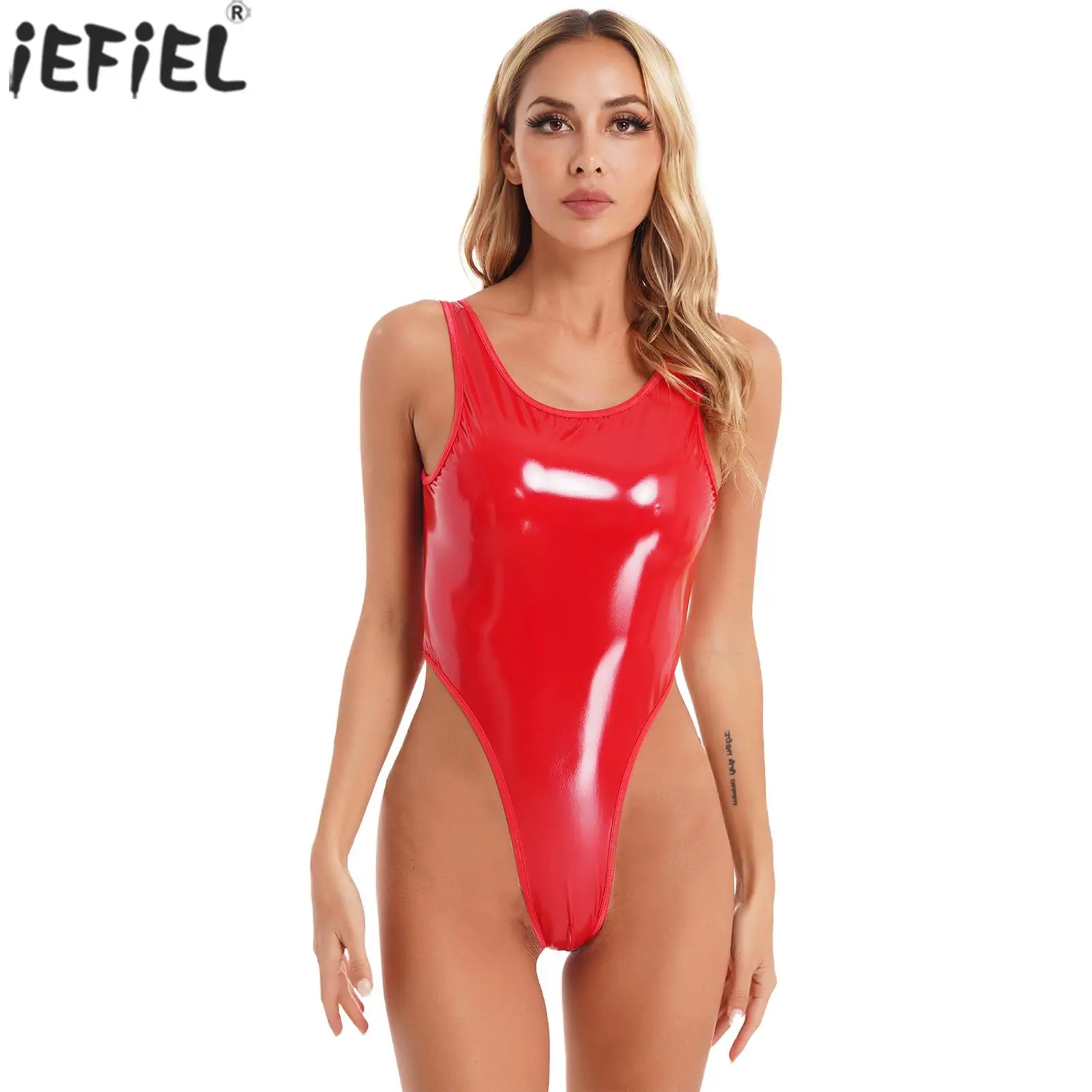 

Женское боди из лакированной кожи, с высоким вырезом, без рукавов