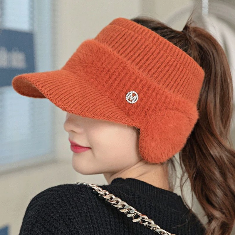 

New Fashion Women's Knitted Fleece Hat Autumn Winter Ladies With Earflaps Hats Empty Top Baseball Cap For Female