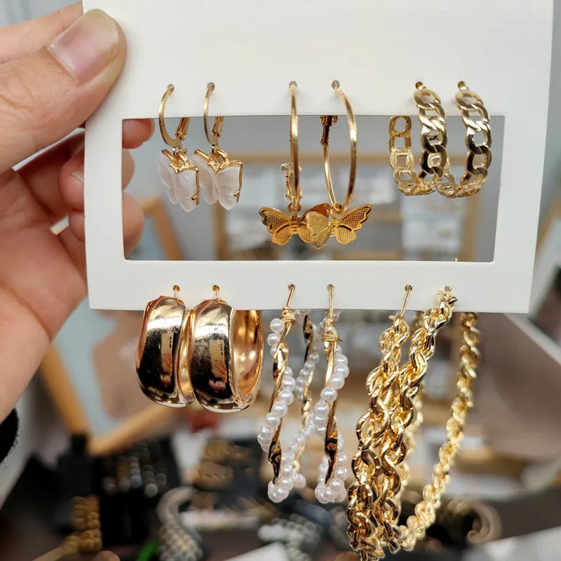 

6 Pairs Bohemia Vintage Pearl Hoop Earring Set For Women Gold Color Boho Butterfly Drop Earrings Heart Star Daisy Ear Studs Gift