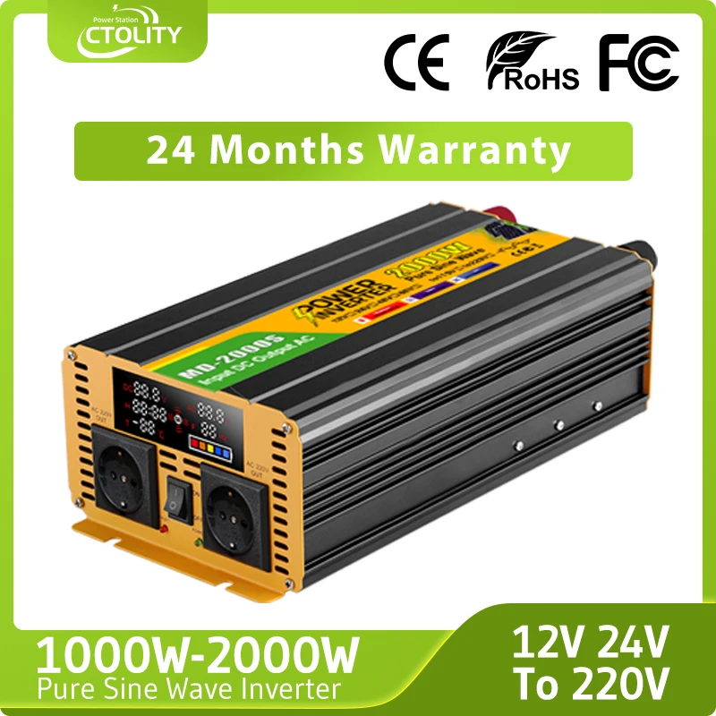 

2000W Pure Sine Wave Inverter DC12V/24V to AC220V 110V Solar Car Convert Voltage Transformer Battery Charge Controller Power Ban