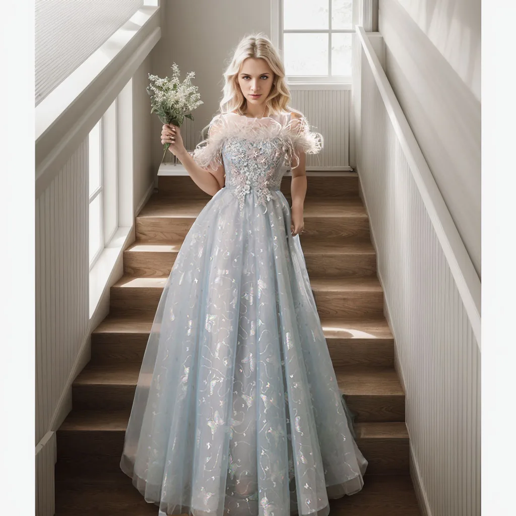 

Off The Shoulder Prom Dresses With Feather Luxury Appliques Backless Floor-Length Long Women Christmas Party Gowns