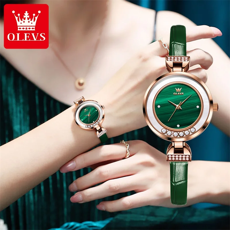 OLEVS Women's Leather Quartz Watches Fashion Design Rhinestones Clock Waterproof Wristwatch for Lady Girl Reloj Mujer