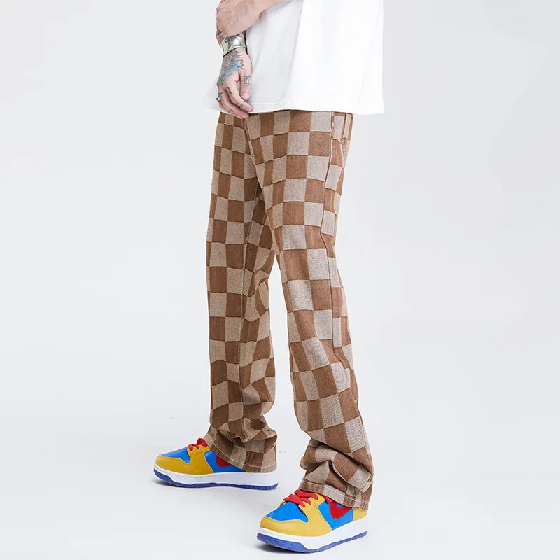 American high street denim trend brand jacquard retro jeans men's trend fashion loose straight pants wide leg jeans