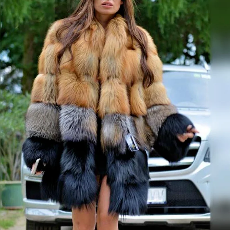 Luxurious Fashion Faux Fur Coat Autumn Winter 2021 Women Casual Warm Slim Long Faux Mink Fur Pocket Patchwork Fur Jacket Elegant