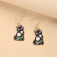 cartoon animal enamel earrings pendant cute black flower cat metal earrings fashion trend design ladies clothes accessories