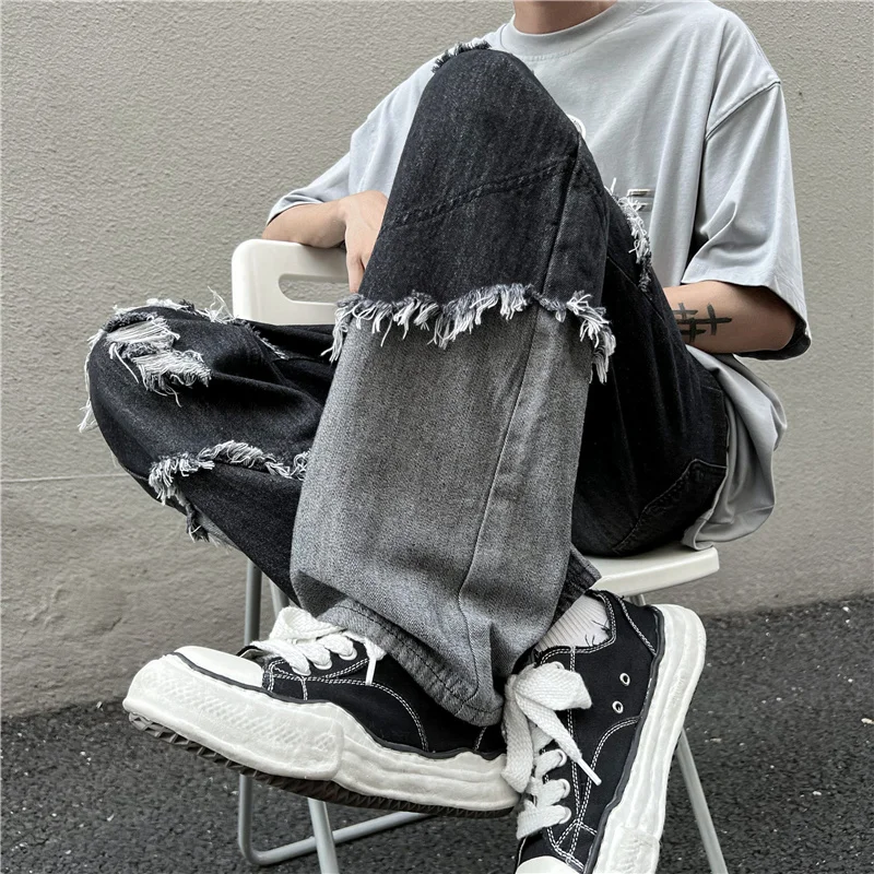 Spliced Holes Distressed Fray Men Denim Jeans Pants Ins Vibe Chic Streetwear Handsome Straight Trousers Plus Size S-XXXL Pants