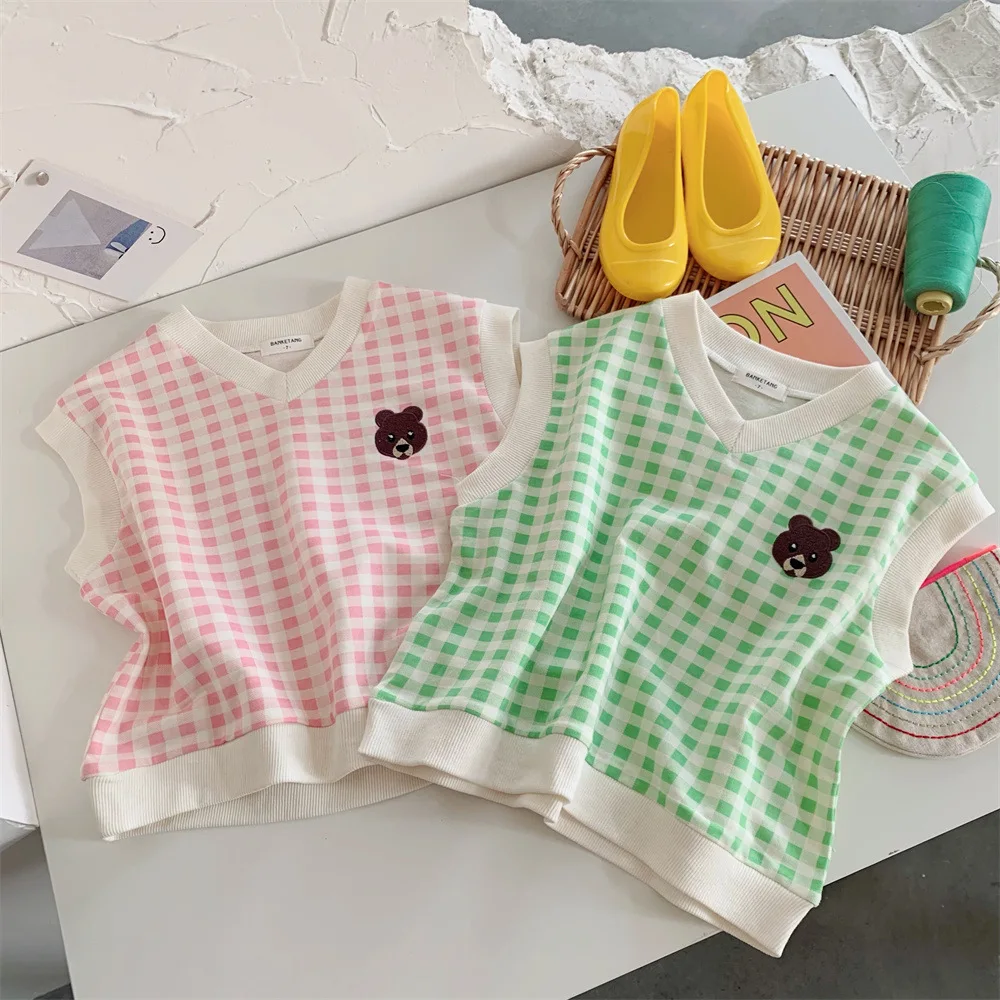 

Детская одежда, Летний жилет для девочек, в клетку, новинка 2022, в иностранном стиле, Корейская версия, детские тонкие летние топы, одежда для ...