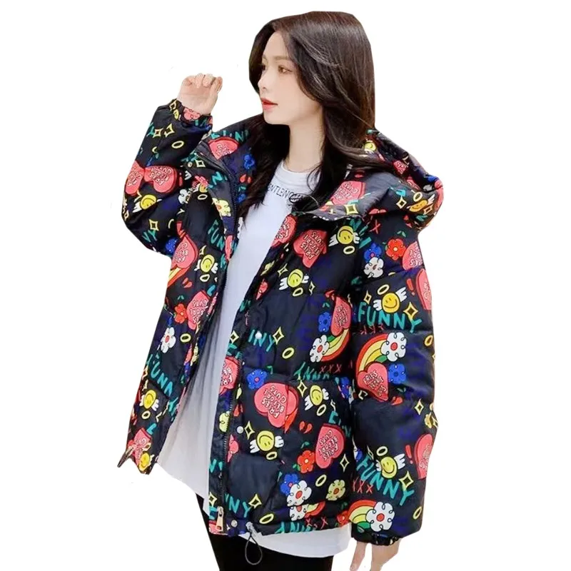 

New Winter Jacket Cotton Padded Women Coat Flower Love Panda Print Loose Bread Clothes Thicken Fashion Pocket Young Lady Tops