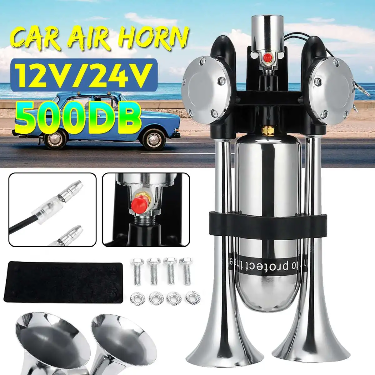 12V/24V Dual Trumpet Electric Horn Loud Chrome Air Speaker Kit 500DB For Train Truck Lorry | Multi-tone & Claxon Horns