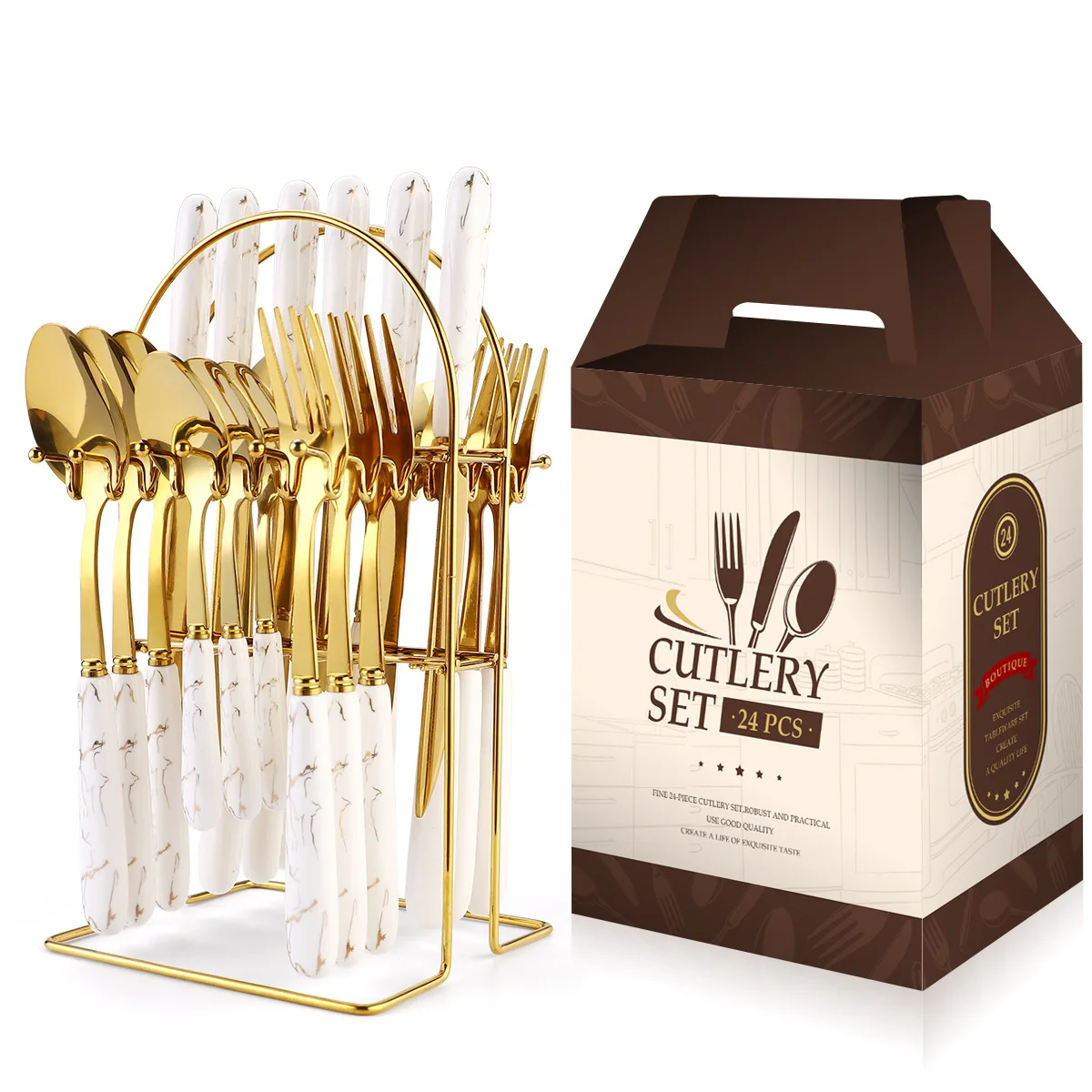 

24Pcs White Gold Stainless Steel Flatware Set With Ceramic Handle Kitchen Utensil Tableware Set Service for 6 Steak Cutlery Set