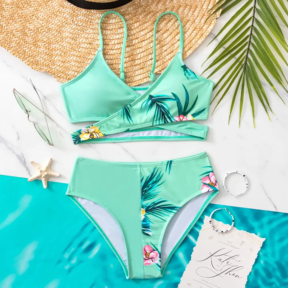 

Купальник для девочек с тропическим принтом, детское бикини с запахом, детский купальник из двух предметов, купальный костюм для подростков...