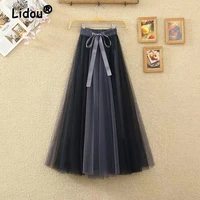 2022 spring summer new fashion office lady gauze patchwork pleated midi skirts casual lace up elastic high waisted womens skirt