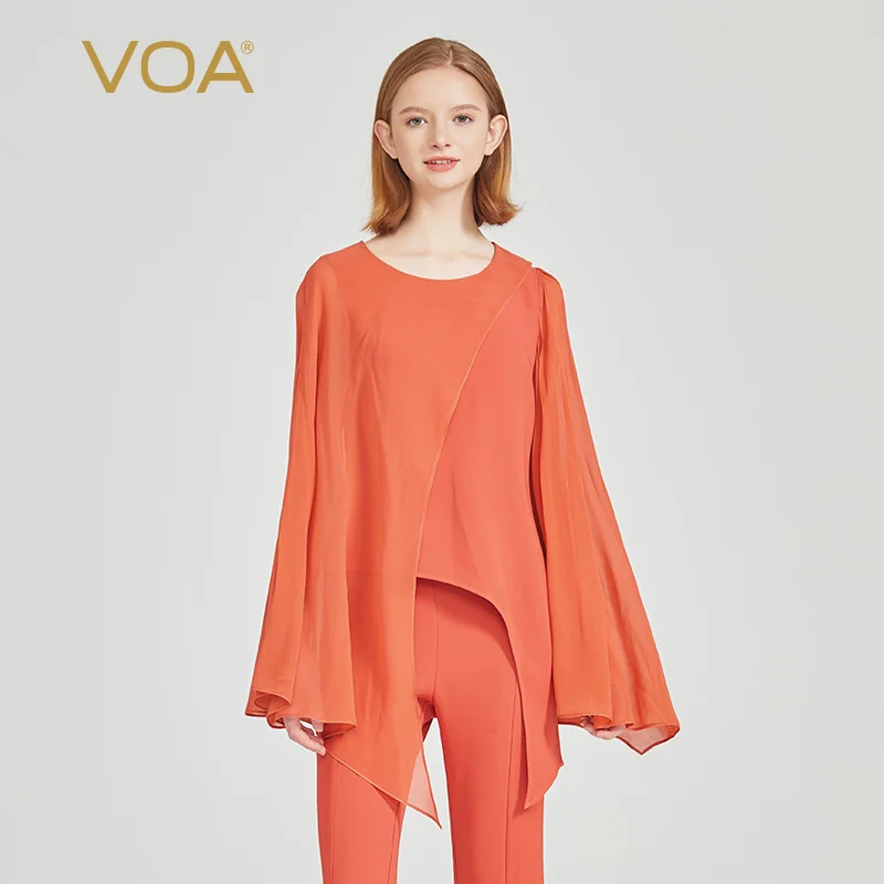 

VOA 60 Momme плотный длинный Шелковый Асимметричный топ с круглым вырезом и длинным рукавом, оригинальный шелковый топ, женская одежда, BE1566