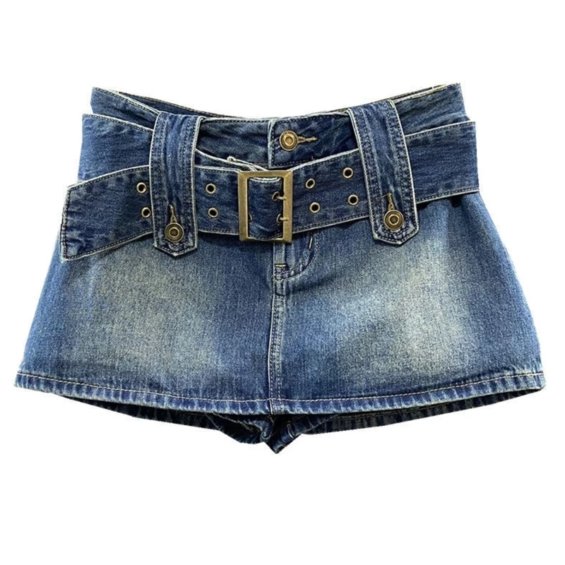 

Women Summer Belted High Waist Denim Micro Mini Skirt A-Line Flare Hem School Girl 90s Aesthetics Jeans Bottoms Streetwear with