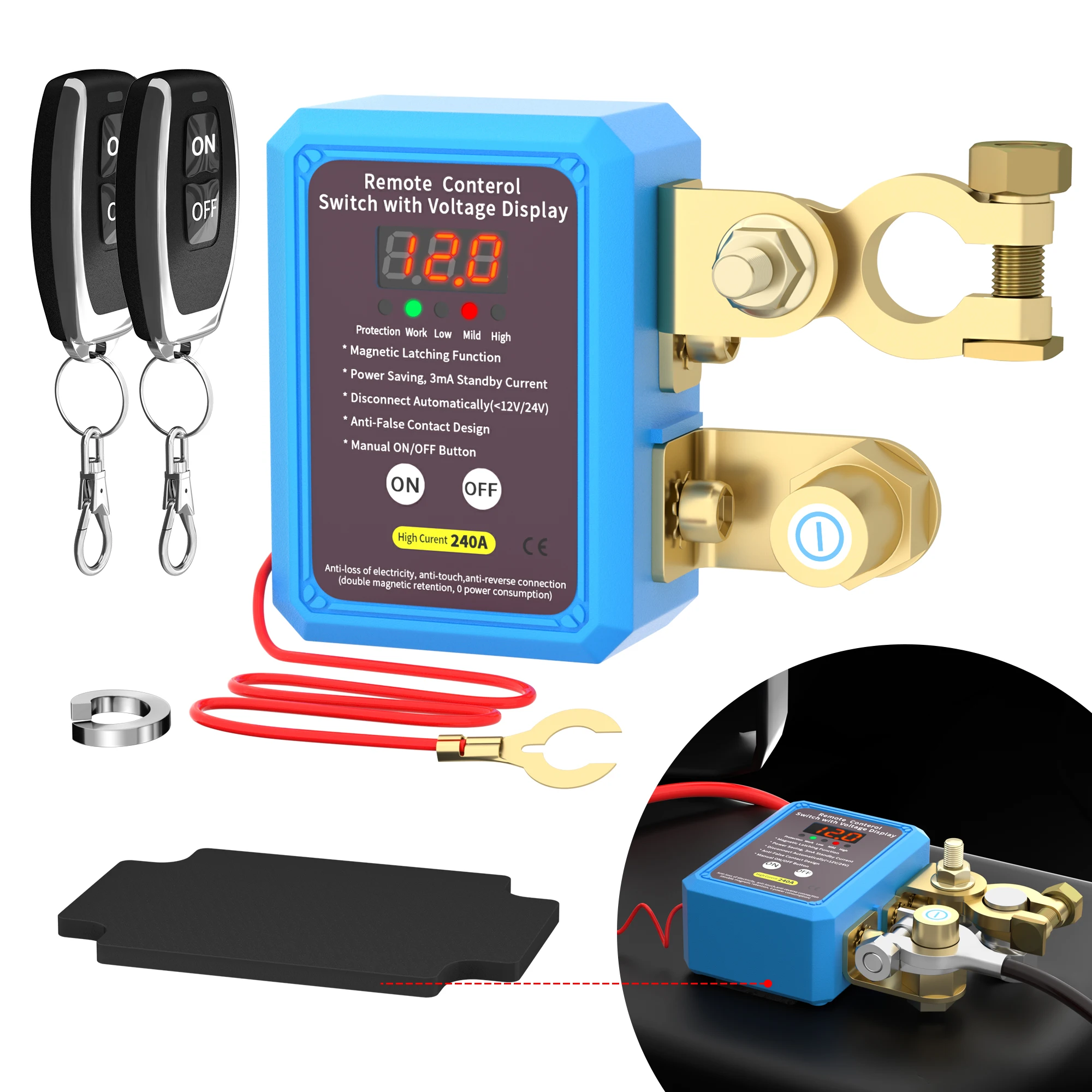 

DaierTek 240A Kill Switch 12 В Дистанционный отключатель аккумулятора со светодиодным дисплеем напряжения Автоматическое отключение питания для авто