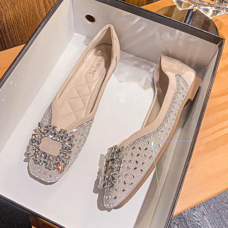 Flats Shoes Women Square Toe Slip on Plaid Tweed Shoes Soft Ballet Flats Ladies Shoes Large Women's Loafers Zapatos De Mujer