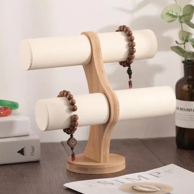 2 Tiers Display T Bar Stand Home Bracelets Organization Jewelry Showcase Watch Storage Bangle Organizer Table Top Wooden Holder