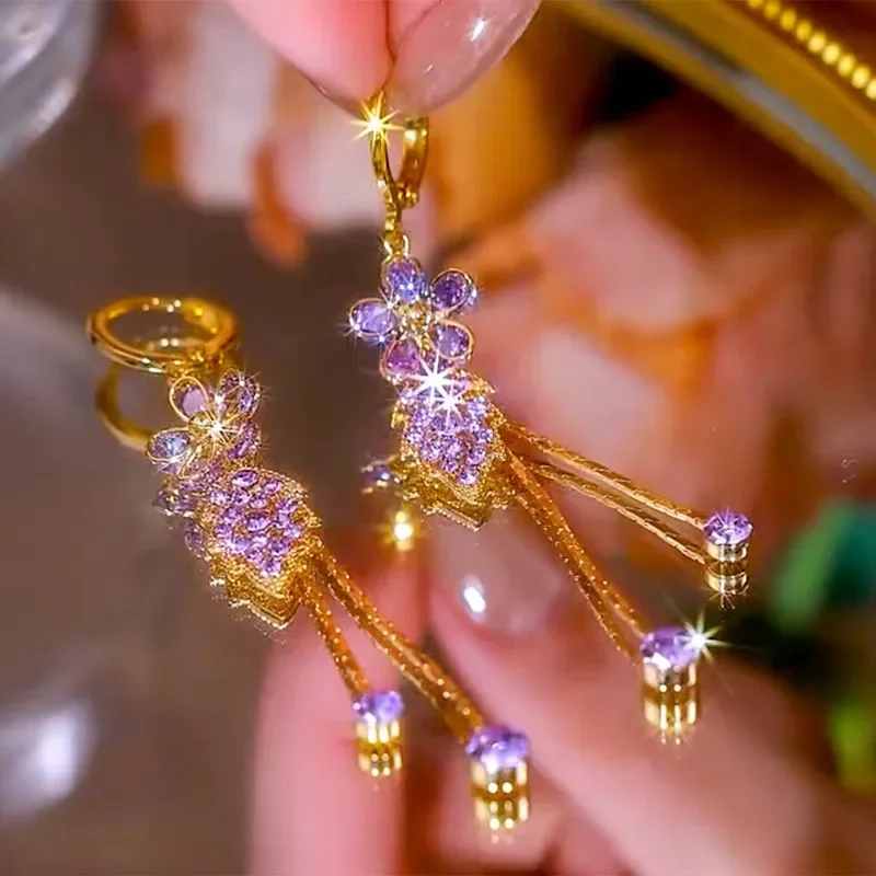 Изысканные серьги с фиолетовым цирконом цветочные листья длинные кисточками для