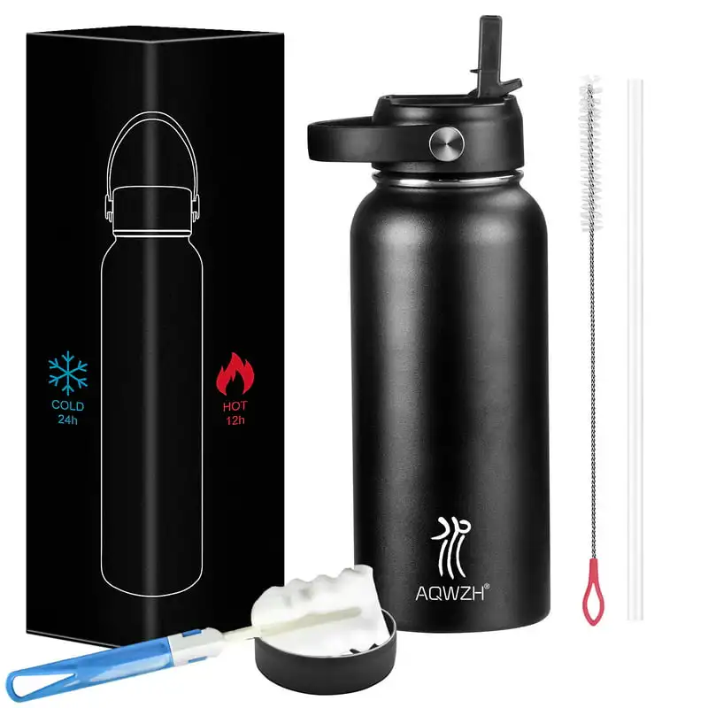 

oz Black Double Walled Vacuum Insulated Stainless Steel Water Bottle with Wide Mouth and Straw Lid Water bottles Garrafa térmic