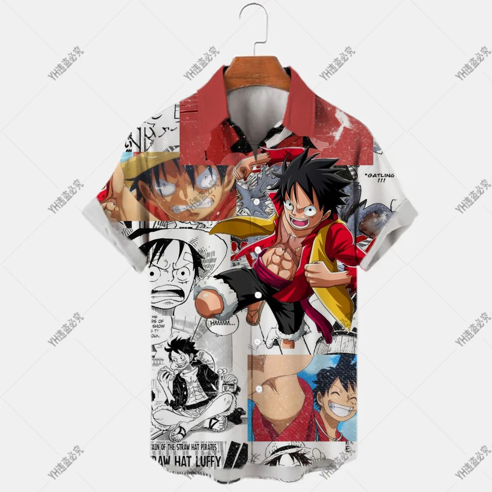2022 One Piece New Men's Hawaiian Shirt Summer Men's Short Sleeve Shirt Street Hip Hop Luffy Print Shirt Lapel Single Button 5XL images - 6