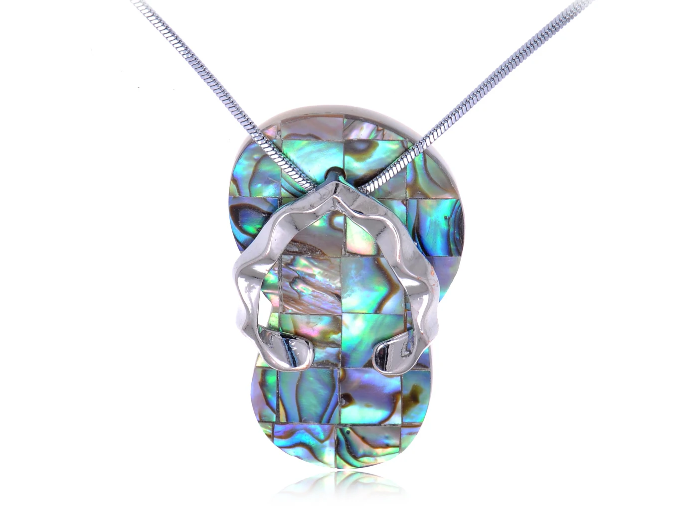 

Silver Tone Blue Opal Flip-Flop Sandal Charm Pendant Fashionable Necklace - Abalone Paua Shell