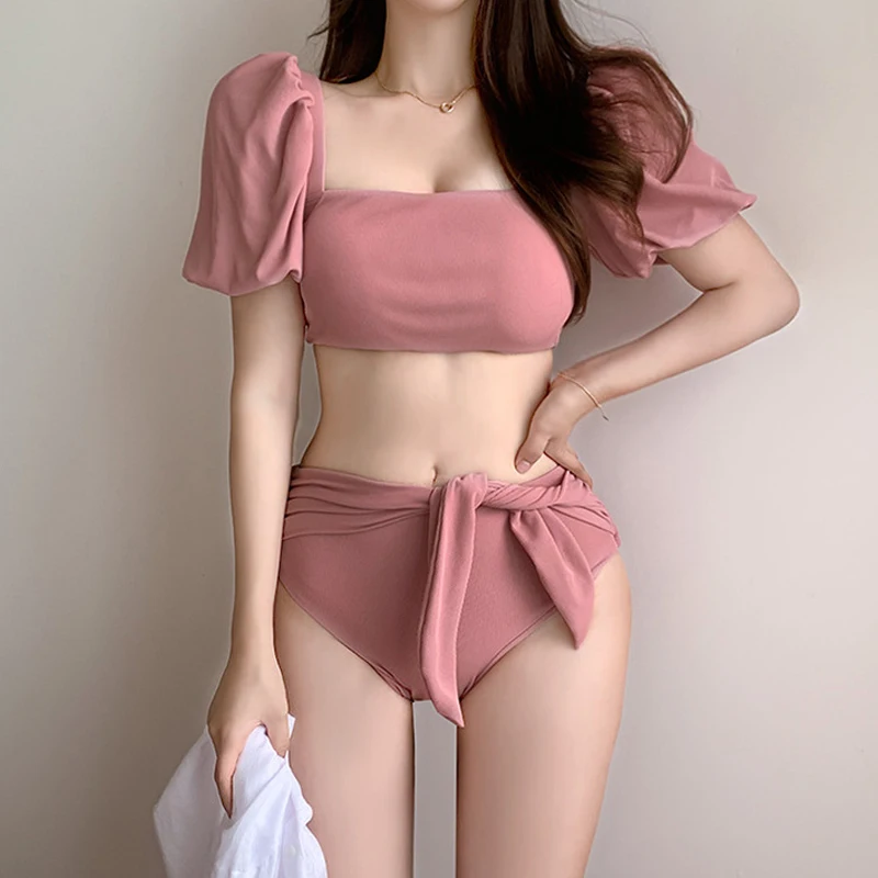 

Sexy Bikini 2022 New 2 Pieces Ladies Swimsuit Solid Color Short Sleeve Summer High Waist Open Back Bathing Suit Beachwear