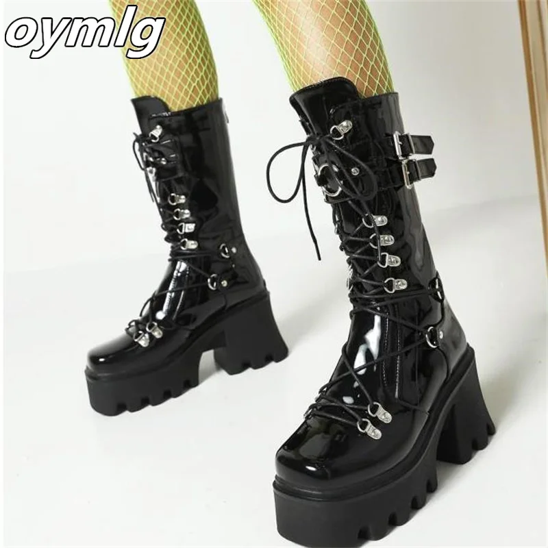 

2022 Winter Punk Rock Style Gothic Cosplay Motorcycle Biker Combat Mid Calf Boots Platform Shoes Chunky High Heels 35-43
