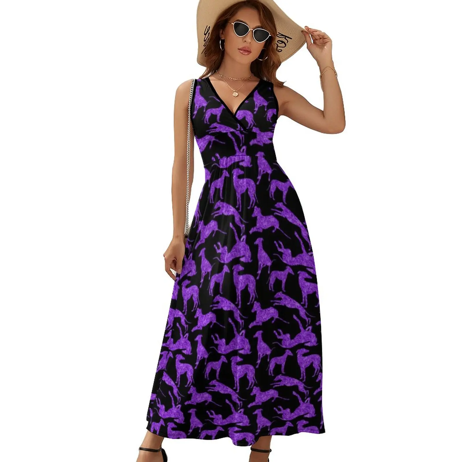 

Purple Animal Silhouette Dress Spring Greyhounds Print Aesthetic V Neck Bohemia Long Dresses High Waist Graphic Cute Maxi Dress