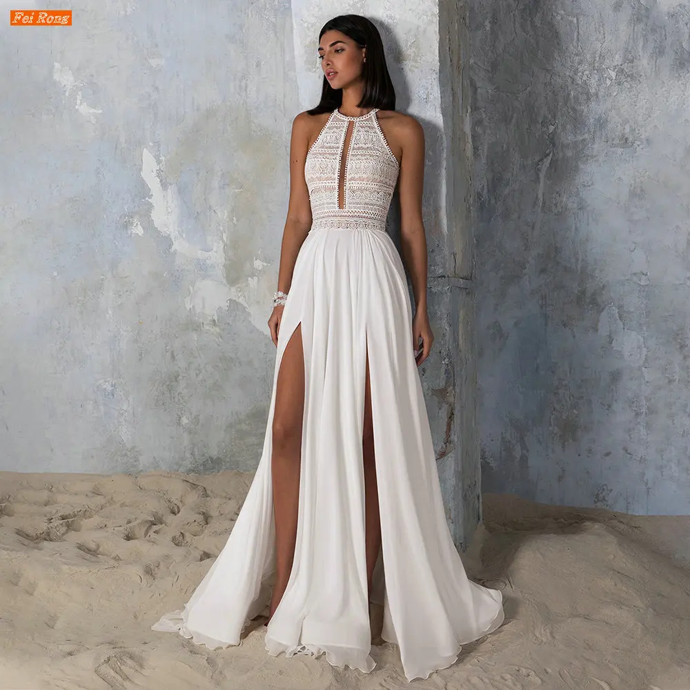 

Fei Rong Boho Lace Chiffon Wedding Dress Vestidos De Novia Halter Neck Sleeveless Side Split A Line Bridal Gown Robe De Mariée