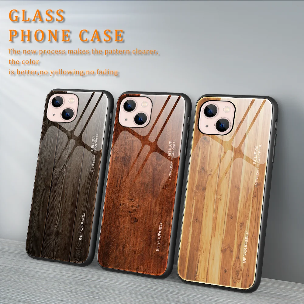 

For IPhone 14MAX Luxury Wood Grain Phone Case For IPhone 13Pro Max 12Pro 12Mini 11Pro Colorful Tempered Glass Cover 7P 8P 7G 8G