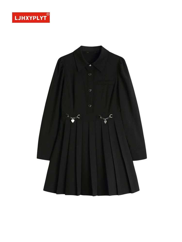 

Love Buckle Black Long-sleeved Dress Women's Spring New College Style Simple Plain Color Waist Pleated A-line Shirt Skirt Female