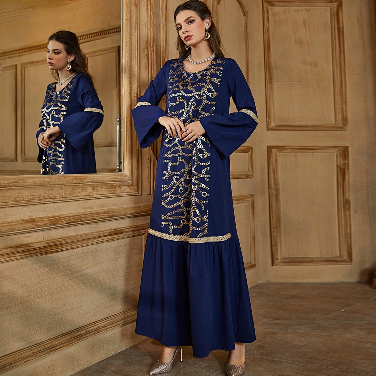 

Muslim Fashion Women Dress Arabian Blue Versatile Long Sleeve Loose Vintage Sequin Embroidered Abaya Dubai Islamic Clothing
