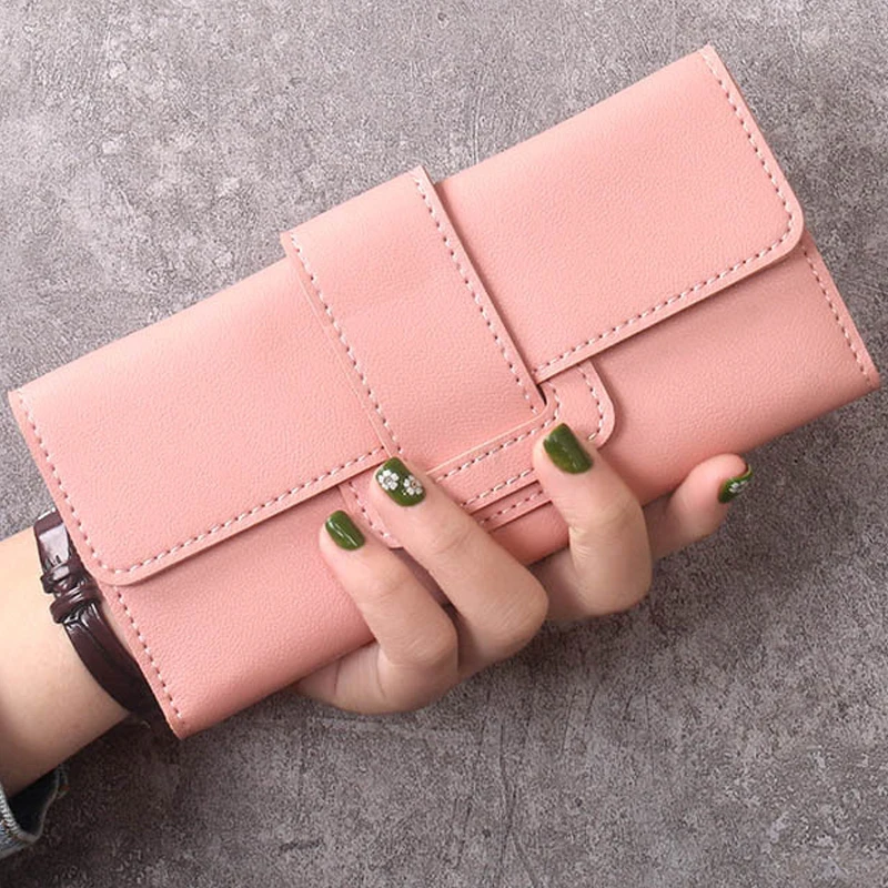 

PU Leather Women Wallets Luxury Long Hasp Fold-over Pattern Coin Purses Female Brand Solid Colors New Thin Clutch Phone Bag