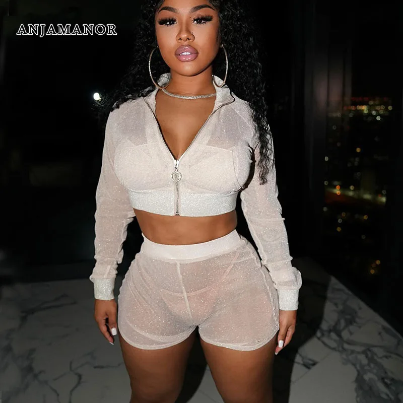 

ANJAMANOR Sexy Long Sleeve 2 Piece Shorts Sets See Through Zip Up Sequin Jacket 2022 Fall Clothing for Women Tracksuit D93-DZ19