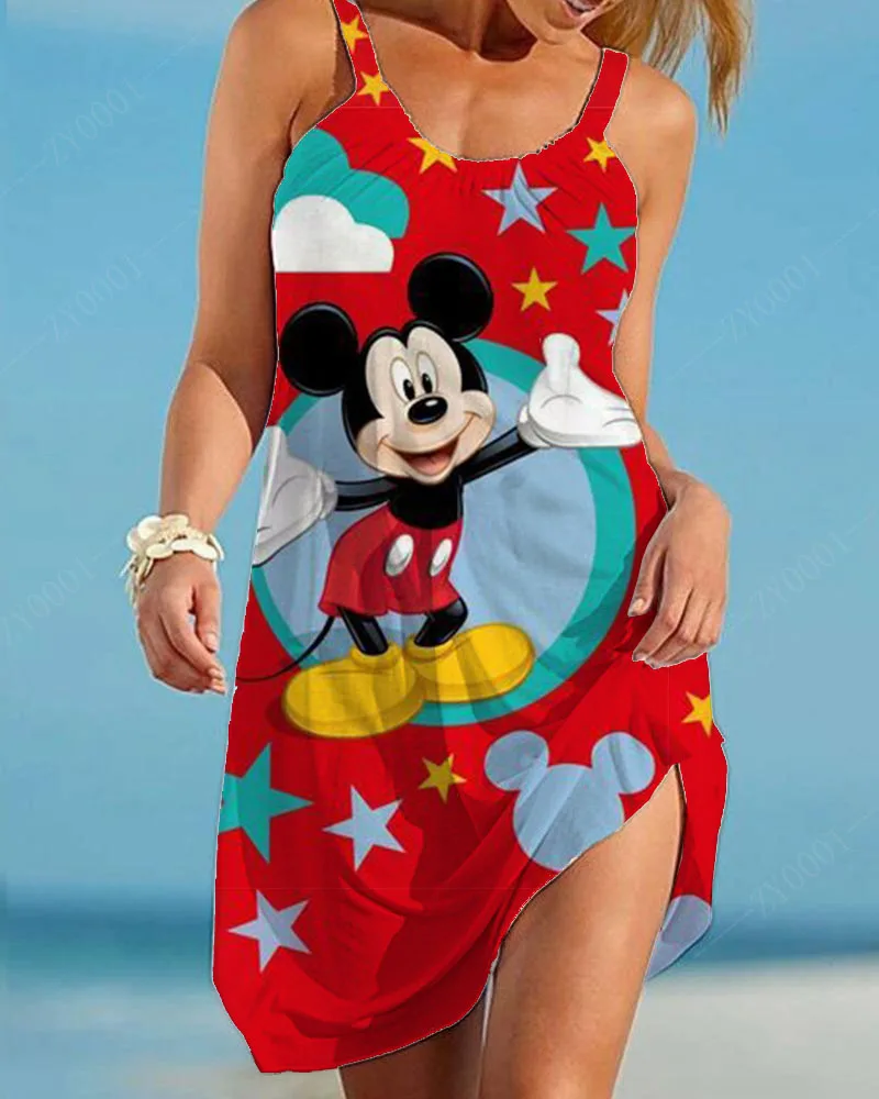 

Disney Minnie Mickey Mouse Women's Dress Vintage Woman Beach Dress Sling Midi Sleeveless Dress Boho Brand Streetwear Night Dress