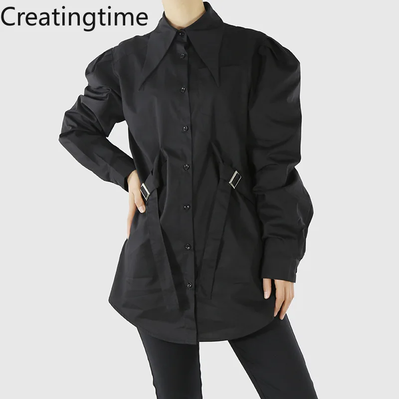 

Женская Однотонная рубашка Creatingtime, свободная простая кружевная рубашка с отложным воротником и длинными рукавами в европейском и американ...